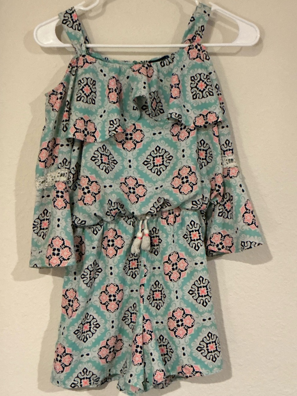 My Michelle Girls Cold Shoulder Boho Romper | Size Large | Tassel Waist